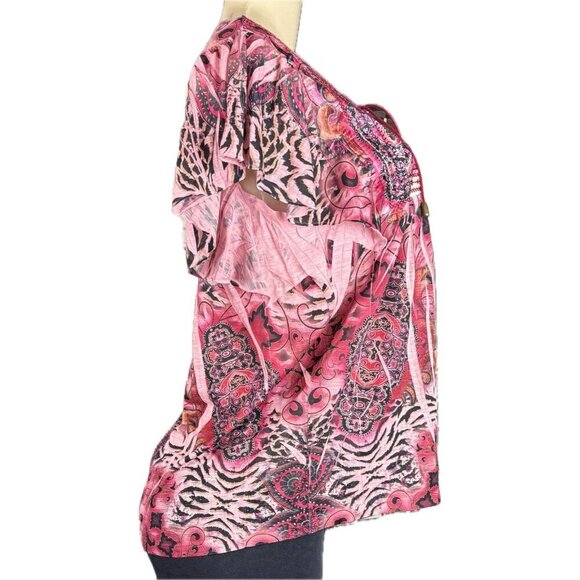 Unity World Wear L Pink Artsy Print Tie Neck Stud Detail Flutter Sleeve Blouse - Picture 3 of 6
